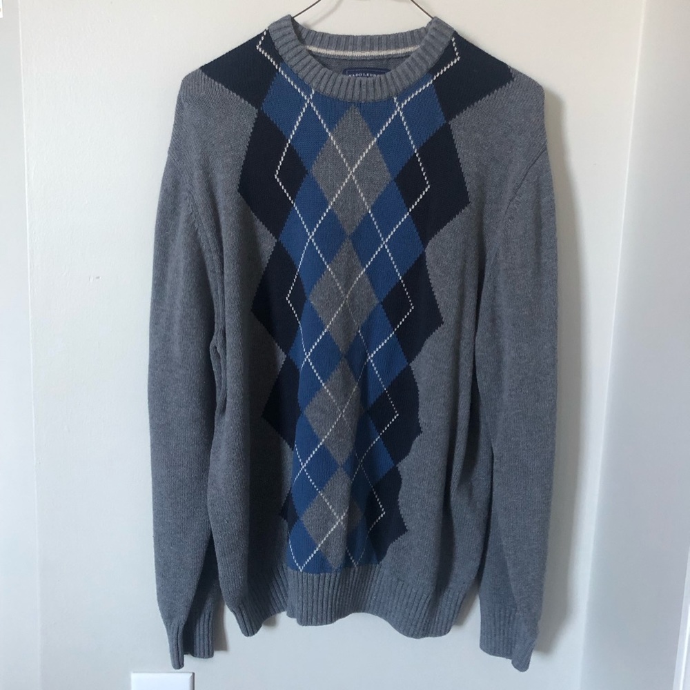 Argyle Sweater Navy/Sky Blue on Grey XL